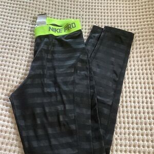 Nike Pro Black and Neon Green Striped Leggings